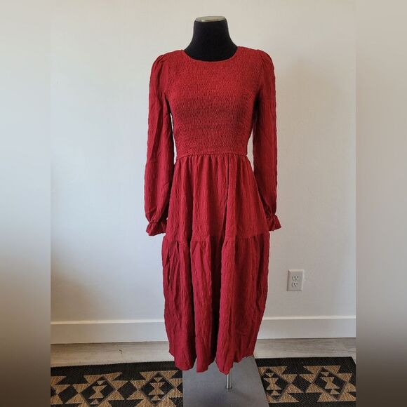 Red Peasant Dress Midi Smocked Puff Sleeve Cottagecore Tiered Maiden Milkmaid S - Picture 2 of 11
